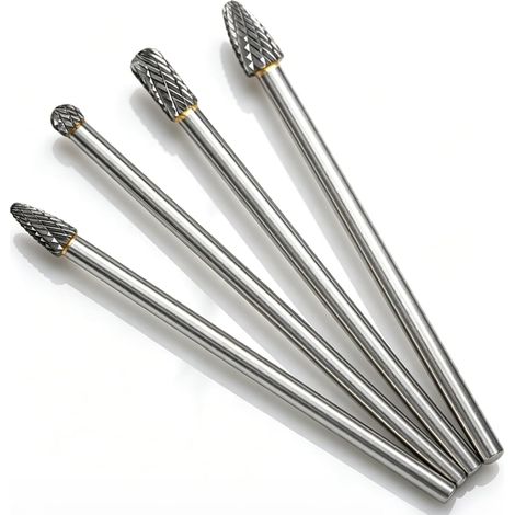 Fresas rotativas de carburo de tungsteno, juego de 4 fresas rotativas largas para metal y madera con vástago de 6 mm (1/4") para taladros eléctricos, grabado y pulido. (1/5)