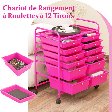 Chariot de Rangement à Roulette 12 Tiroirs en PP, Tour de Rangement avec Tablette, 64x38x75cm, Rose Foncé (1/5)