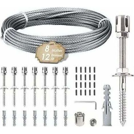 Support pour plantes grimpantes, kit de suspension de corde en acier inoxydable de 12 m avec câble en acier inoxydable de 3 mm et 8 tendeurs pour jardin/mur en béton/câble de clôture/bois massif (