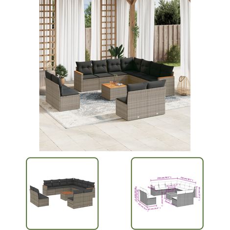 The Living Store 12-tlg. Garten-Sofagarnitur mit Kissen Grau Poly Rattan - Gartenmöbel - Esstisch - Lounge Set - Outdoor Möbel - Rattan Gartenmöbel (1/3)