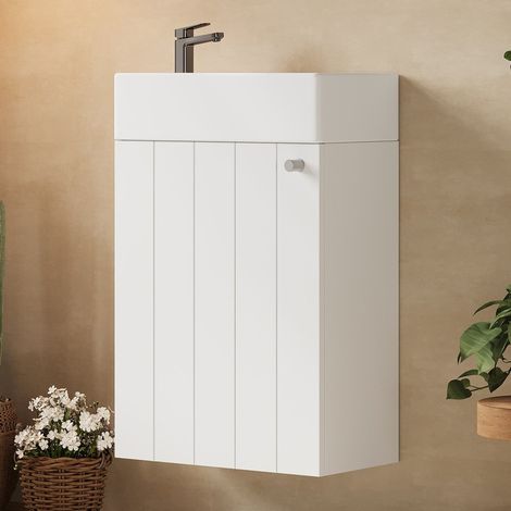 41 x 23 x 62,5 cm, wandmontierter Waschtisch, wasser- und feuchtigkeitsbeständige Lackierung, Schranktüren mit Soft-Close-Mechanismus, besonders schmale Abmessungen, weiß. (1/5)