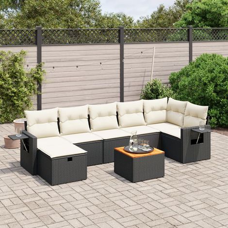 Ensemble Jardin 8 Places Noir Résine Tressée avec Table Acacia et Coussins Crème - Salon d'Extérieur Modulaire (1/4)