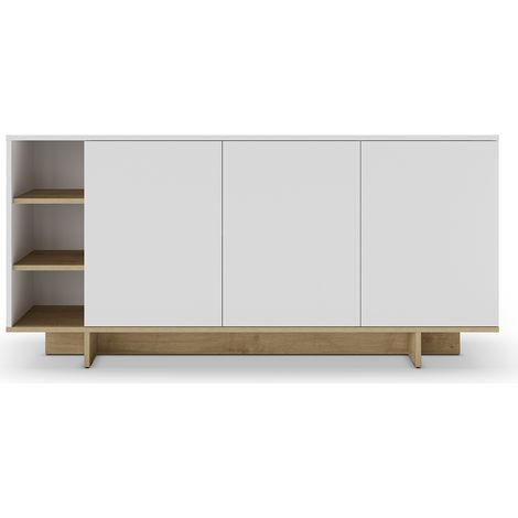 Buffet, commode rectangulaire avec 3 portes et 3 niches aspect bois coloris chêne, blanc - Longueur 170 x Profondeur 40 x Hauteur 80 cm (1/5)