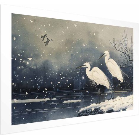 Poster - Aironi presso lo stagno invernale - Illustrazione in stile giapponese con colori scuri (1/4)