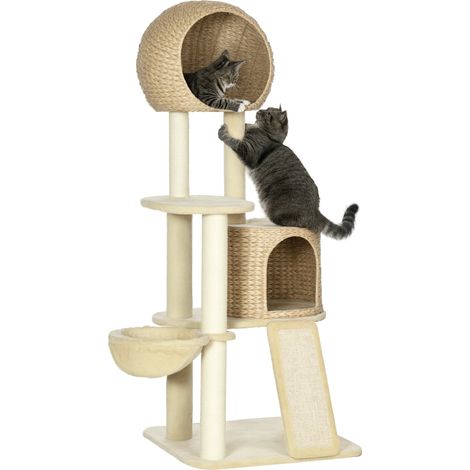 Arbre à chat centre d'activité quatre niveaux 60 x 60 x 150 cm griffoirs hamac scandinave contemporain en bois beige (1/5)