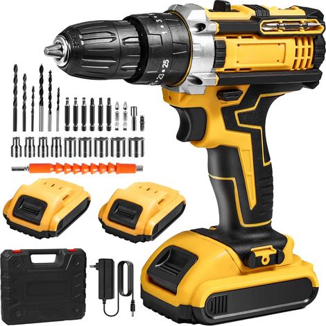 Perceuse Visseuse Sans Fil 21v, Perceuse Électrique Sans Fil Avec 2 Batterie + 24 Accessoires, 25+3 Réglages De Couple,Lampes Led, Perceuse Pour Bricolage (600w)