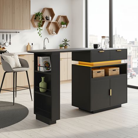 URBAN MEUBLE Table de bar extensible noire avec LED, style luxe, détails dorés (1/5)