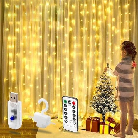 Rideau Lumineux Led - Fil De Cuivre 3x2m 200 Leds - Blanc Chaud Avec Télécommande Et Minuteur - Intérieur Extérieur Fenêtre (1/5)