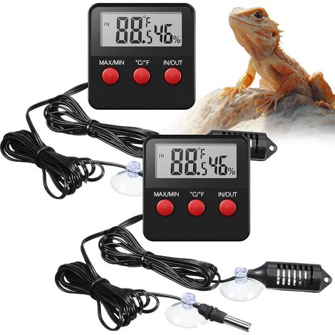 Lot de 2 thermomètres et hygromètres numériques pour terrarium de reptiles avec sondes, Pour intérieur et extérieur, Plastique, Noir (1/5)