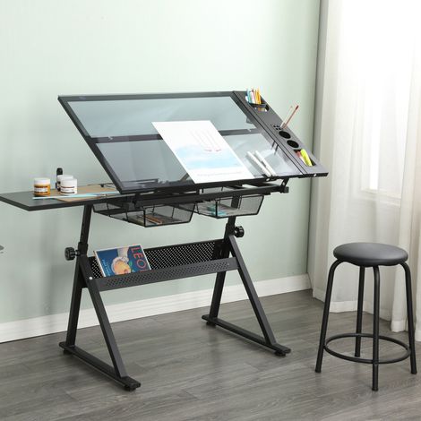 Table à dessin et d'impression réglable en verre trempé avec chaise, noir (1/5)