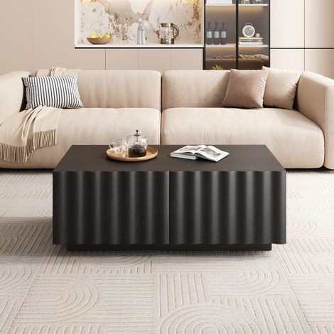 Table basse design 100x50x40 cm avec motif en vagues et 2 tiroirs, table de salon minimaliste,noir (1/5)