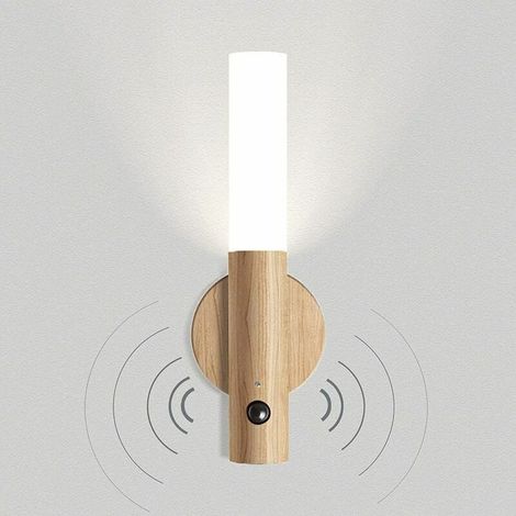 Lámpara de pared LED de madera vintage con batería, sensor de movimiento, recargable por USB, inalámbrica, magnética, de noche, para niños, luz de noche, color blanco cálido [Cl (1/5)