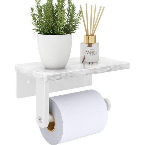 Toilettenpapierhalter mit Ablage aus Naturmarmor, Toilettenpapierspender fürs Badezimmer, weiß (1/4)