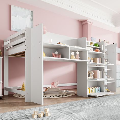 DESVIAE Lit mi hauteur 90 x 200 cm en forme de maison avec rangements multiples étagères ouvertes et compartiments fermés en pin blanc pour chambre enfant (1/4)