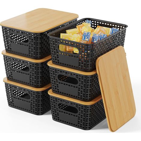 Set of 6 bamboo storage boxes with lids, organizer boxes for bathroom, kitchen, closets and home (Black, 5L) (1/5)