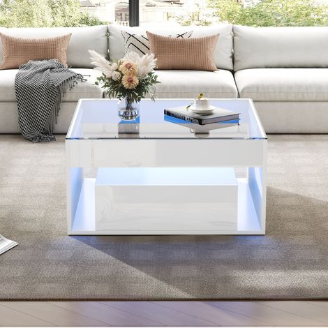 Tavolino basso 70x70x35 cm bianco con LED e contenitore, MDF e vetro temperato MEUBLIV (1/5)