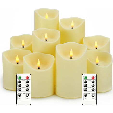 Bougies sans flamme avec télécommande, bougies sans flamme vacillantes à piles, bougies LED avec minuterie 2/4/6/8 h, ensemble de 9 bougies LED réalistes (D3 x H 3" 4" 5" 6" 7") (ivoire) (1/5)