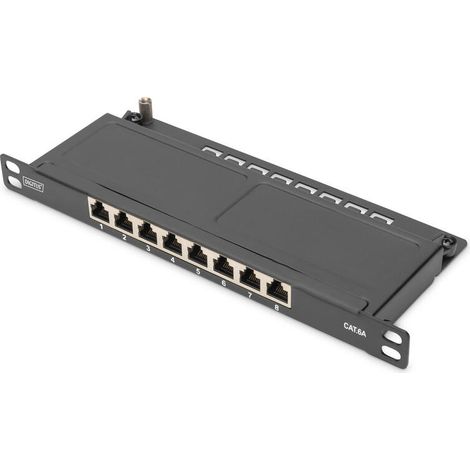 DIGITUS Panel de parcheo Cat 6A, apantallado, 8 puertos 1-2U, montaje en rack de 10", negro RAL 9005 (1/4)