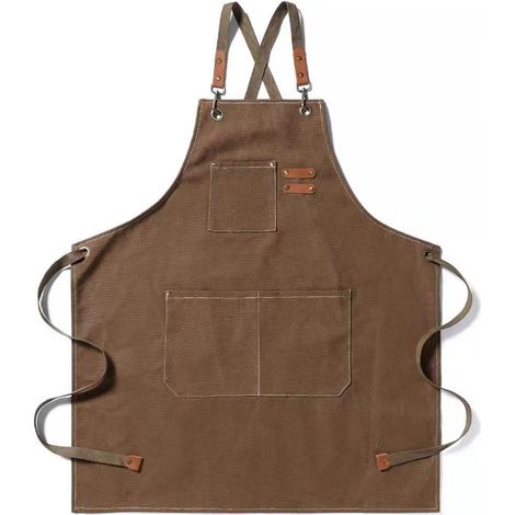Küchenschürze, Herren-Grillschürze, Damen-Arbeitsschürze mit verstellbarem Riemen und 3 Taschen, Segeltuchschürzen für Kellner, Kochen, Braun