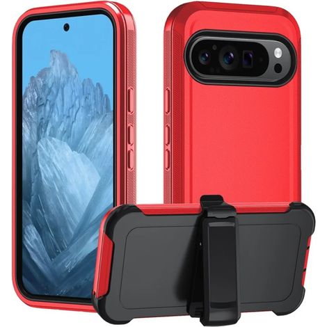 (Rouge, Google Pixel 10 Pro) Étui de protection robuste et antichoc, matériau hybride TPU+PC à trois couches, avec clip ceinture.