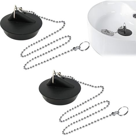 Bouchon d'évier en caoutchouc (2 pièces), bouchon de baignoire avec chaînette, pour cuisine, salle de bain, évier et bonde, noir (1/5)