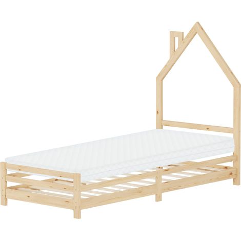 ML-Design Kinderbett Haus 90x200 cm Natur mit Matratze H:10cm, Hausbett für Kinder, Holzbett mit Lattenrost, Schornstein Design, Jugendbett aus massivem Kiefernholz, Bettgestell für Jungen und Mädchen