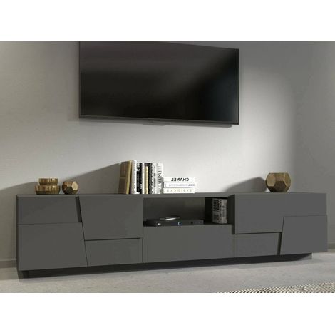 Dmora - Mueble TV Vanni, Aparador bajo de salón con 4 puertas y 1 cajón, base para mueble TV, 220x44h46 cm, Antracita (1/5)