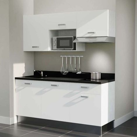 Kochnischen K30L - 180 cm - weiß - Nero - Spüle links + Haushaltsgeräte Edelstahl