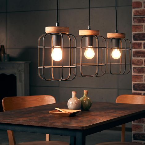 BRILLIANT Lampe, Gwen Pendelleuchte 3flg Balken antik holz/schwarz korund, Metall/Holz, 3x A60, E27, 40W,Normallampen (nicht enthalten) (1/5)