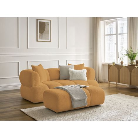 Bobochic – Canapé droit 2 places PAMIRA – Tissu bouclette jaune – Dossier et assise capitonnés – Confort mousse haute résilience (1/5)