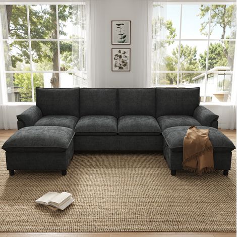Modulares U-Sofa 264.5x142.5x84 cm Schwarz Chenille mit 2 beweglichen Hockern und Stauraum (1/5)