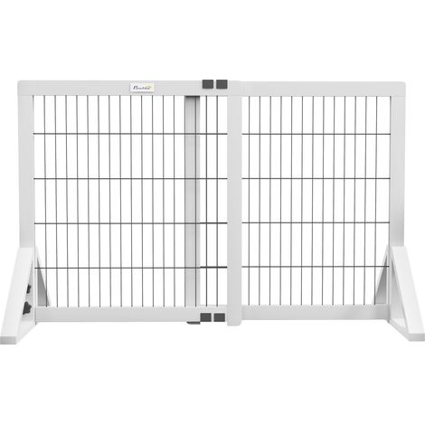 Cancelletto di sicurezza per cani, barriera protettiva a 2 pannelli, larghezza regolabile 63-106 cm, in legno e acciaio, bianco
