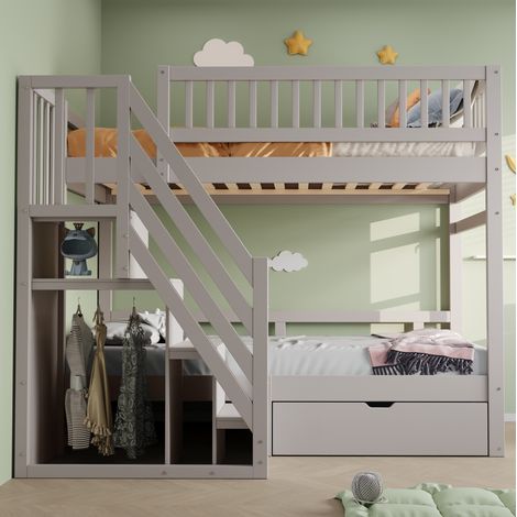 Letto a castello 205x95x173 cm, con scala portaoggetti, cassetti contenitori, sponde di sicurezza, legno, grigio (1/5)