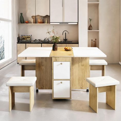 Ensemble table et 4 chaises blanches et chêne table extensible (1/5)
