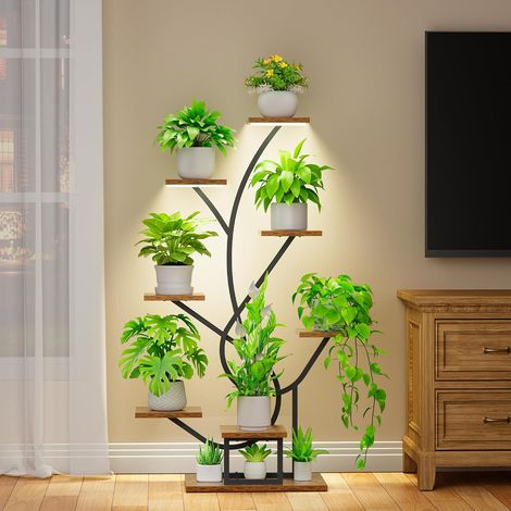 Support pour plantes avec lumière de croissance - 8 niveaux - 126 cm - En métal et bois - Étagère à plantes - Pour l'intérieur et l'extérieur - Noir - Étagère à fleurs décorative pour (1/5)