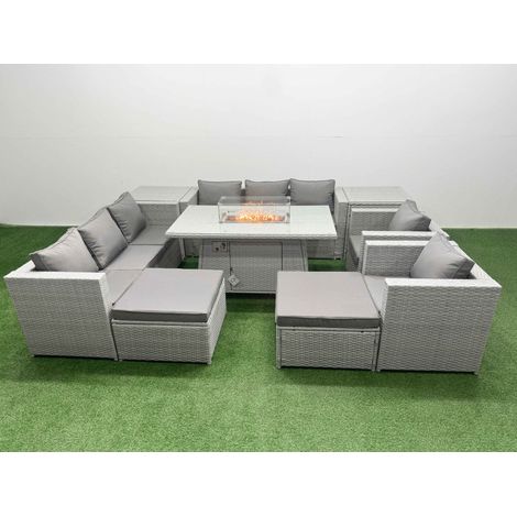 Fimous 10 Seat PE Rattan Lounge Sofa Set Outdoor Garden Furniture Set with Firepit Dining Table 3 Seater Sofa 2 Side Tables 2 Big Footstool Light Grey (1/5)