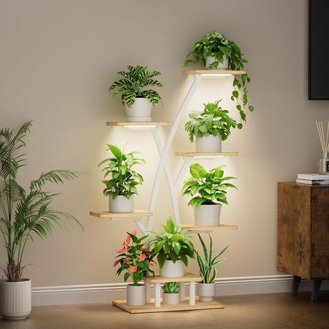 Support pour plantes avec lumière de croissance - 7 niveaux - 105 cm - En métal et bois - Étagère décorative pour l'intérieur et l'extérieur - Pour l'intérieur et le jardin - Blanc (1/5)