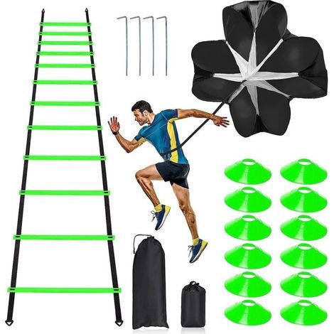 Kit d'entraînement professionnel d'agilité et de vitesse comprenant 12 échelles réglables de 6 m. 12 cônes de sport et 1 parachute de résistance pour enfants et adultes. (1/5)