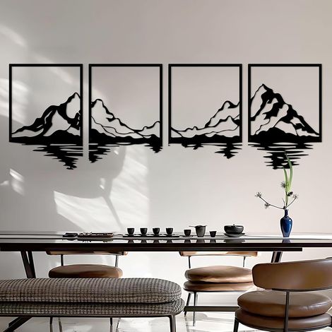 4 pièces d'art mural de montagne en métal, décoration murale de grandes montagnes, peinture décorative de forêt de montagne, adaptée pour salon, chambre, bureau, intérieurs et (1/5)