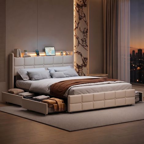 Letto matrimoniale 140x190 cm con cassetti portaoggetti, letto imbottito con porta USB e LED RGB, struttura moderna rivestita in tessuto effetto lino, beige (1/5)