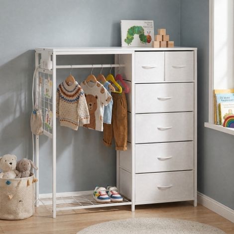 Armoire pour enfants avec 6 tiroirs, tringle à vêtements et prise électrique - Portemanteau multifonctionnel pour chambre d'enfant, blanc