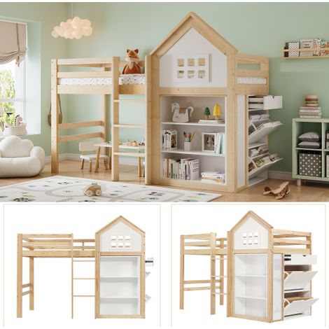 Lit mezzanine enfant 90x200cm, avec compartiments de rangement et tiroirsLit cabane enfant 90x200cm,avec marches stables, garde-corps de sécurité, pin + MDF + contreplaqué, blanc + naturel (1/4)