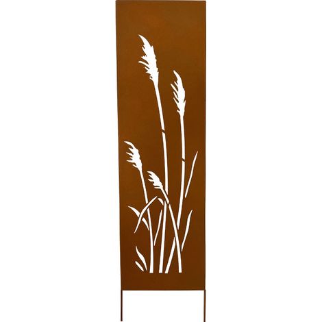 Treillage en fer rouille 30x120cm – 4 roseaux décoratifs – Pour séparation ou tuteur de plantes – Motif floral élégant – La Grande Prairie