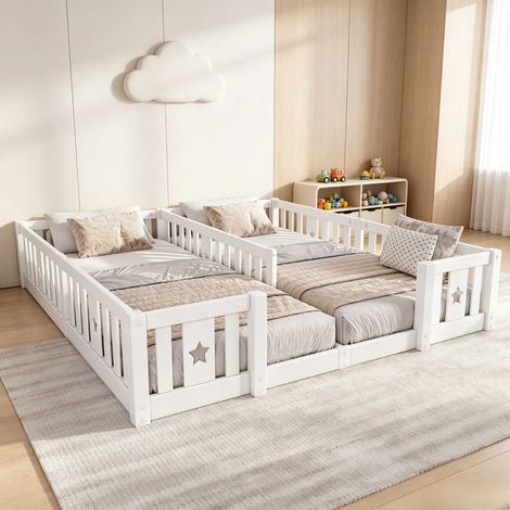 Lit enfant 90 x 200 cm – Barrières de sécurité intégrées – Tête de lit bibliothèque – Motif étoiles – Sommier sans lattes – Bois massif Blanc (1/5)