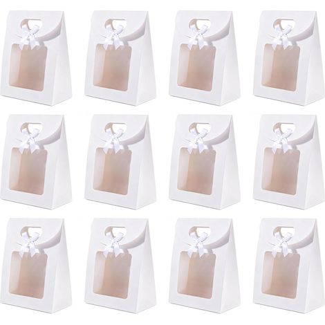 Bolsas de regalo transparentes con ventana, paquete de 12 unidades, 20x14x7cm  Bolsas de regalo pequeñas blancas con asa, para galletas, dulces, cumpleaños y fiestas. (1/5)