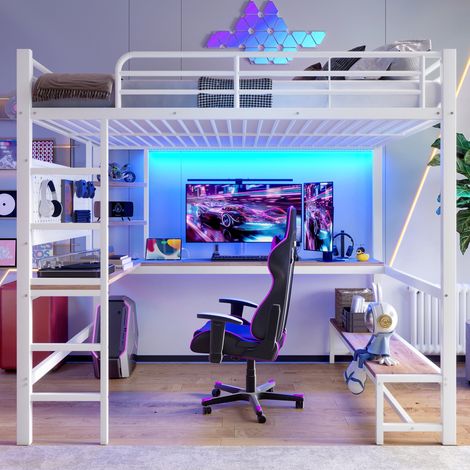 Lit mezzanine 140x200cm - lit enfant avec structure en fer, bureau, échelle, étagères, prises USB et Type-C - LED - blanc (1/5)