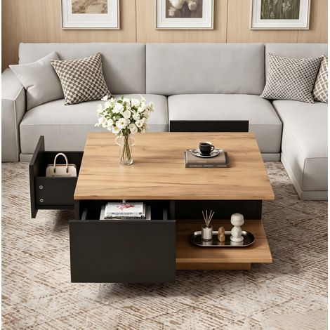 Tavolino quadrato 70 x 70 x 31,5 cm con 3 cassetti, vano semiaperto, nero e effetto legno HAVRYA (1/5)