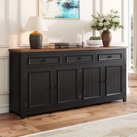 Credenza in MDF nera con piano effetto legno, 160x35x76 cm, 3 cassetti, 4 ante, ripiani regolabili (1/5)