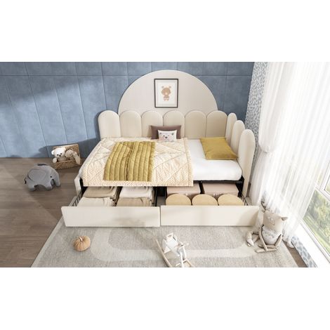 Cama 90x190 cm terciopelo beige con 2 cajones, sin colchón, para dormitorio pequeño – MEUBLIV (1/5)