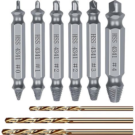 Kit d'extracteurs de vis cassées en 9 pièces avec 3 forets, extracteur de vis HSS 4341, pour percer et retirer les vis endommagées (1/5)